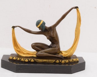 Art Deco Sherezade Dancer Statue: Gilded Bronze on Marble Base