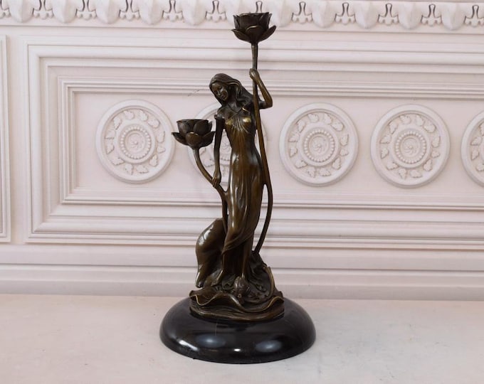 Very Rare! Bronze Candlestick Woman - Art Nouveau Candleholder - Woman Act Bronze Statue - Lighting Bronze - Home and Office Deco Gift Idea