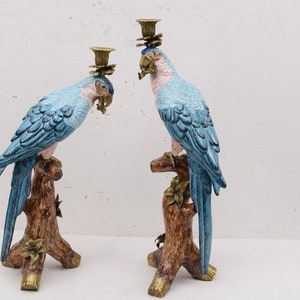 Pair Parrots Set Porcelain with Bronze Candlestick, Parrots on a Branch, Bronze Ornaments, Blue Parrots Statues, Exclusive Porcelain Gift