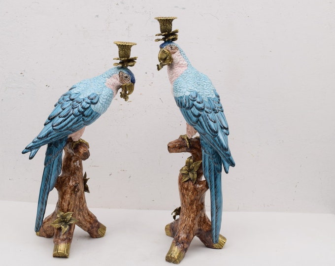 Pair Parrots Set Porcelain with Bronze Candlestick, Parrots on a Branch, Bronze Ornaments, Blue Parrots Statues, Exclusive Porcelain Gift