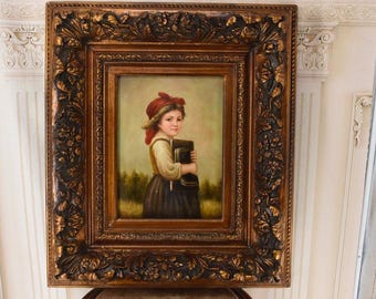 Young Woman – Vintage French Oil Painting on Canvas – Gold Frame – Classical Female Portrait – Unique Wall Art