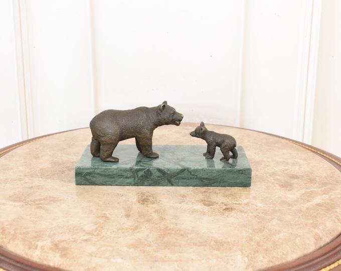 Vintage Bronze Bear Sculpture – Mother and Cub on Marble Base