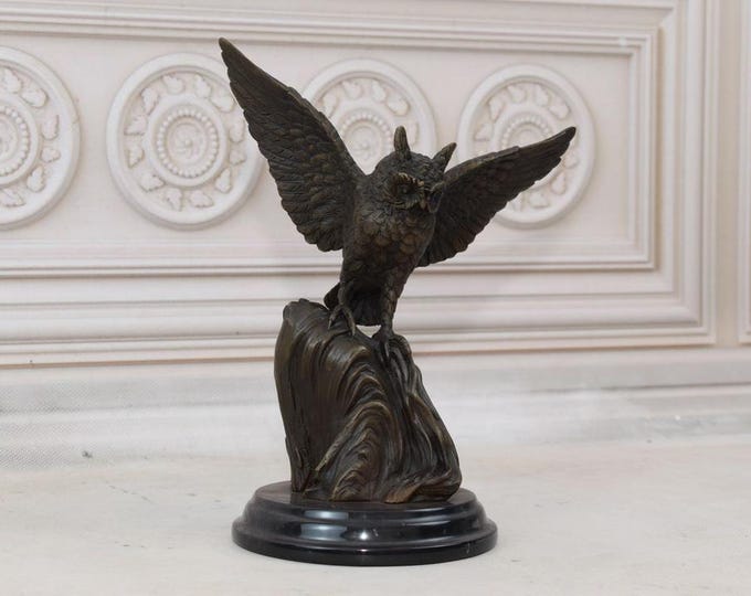 Owl on Branch Bronze Sculpture - Wisdom Symbol - Figurine on Marble Base - Exclusive Gift for Student - School Statue