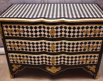 French Commode – Black and White Diamond, Vintage Baroque Chest