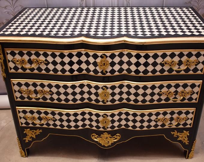 French Commode – Black and White Diamond, Vintage Baroque Chest