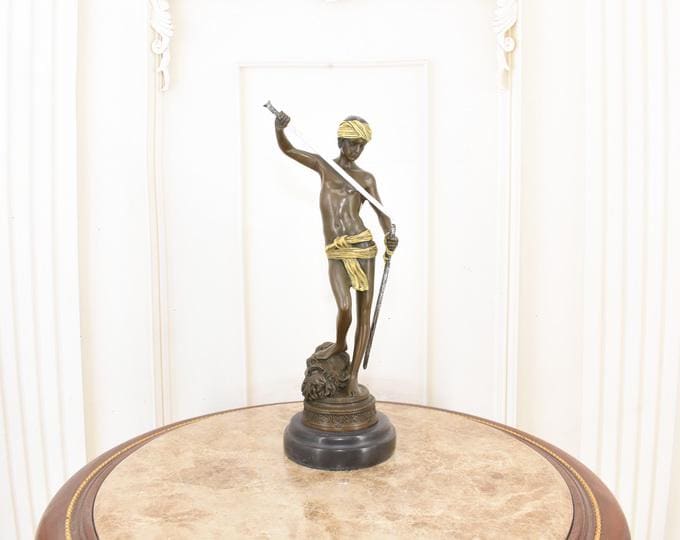 Vintage French Bronze Statue - David and Goliath Sculpture, Biblical Art