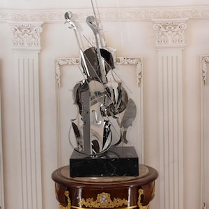 Vintage Stainless Steel Violin Sculpture: Handmade Musical Decor on Granite Base