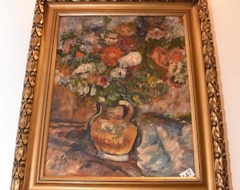 Vintage Floral Still Life Oil Painting - Framed Cubist Polish Art