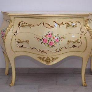 French Creme Commode Louis XVI – Hand-Painted Floral Chest with Marble Top, Vintage Furniture – Elegant Home Decor – Gift Idea