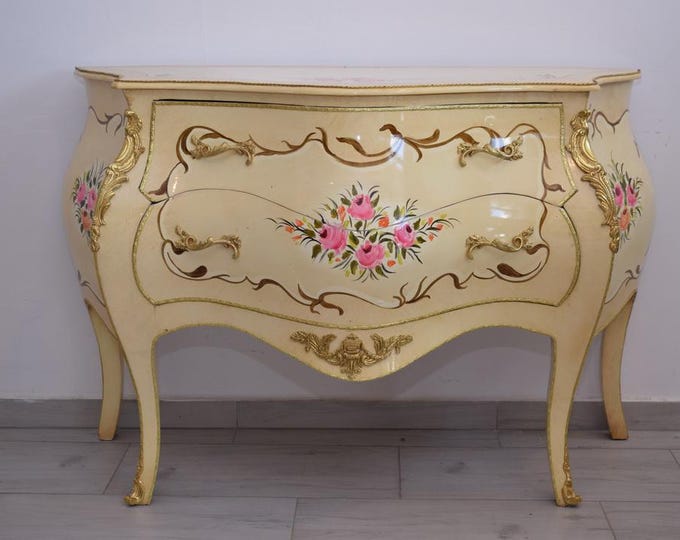 French Creme Commode Louis XVI – Hand-Painted Floral Chest with Marble Top, Vintage Furniture – Elegant Home Decor – Gift Idea
