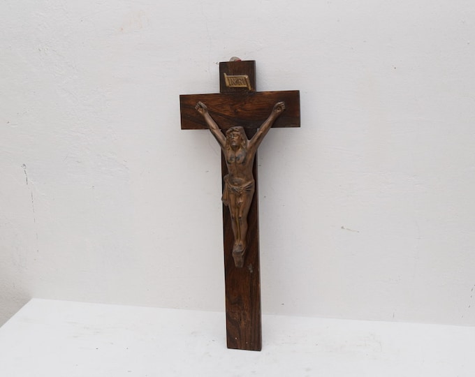 Vintage Old Wood Cross Jesus Staint Statue s Gift Idea for -
