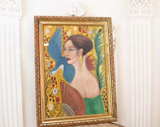 Vintage Klimt Style Portrait Painting: Abstract Pastel Art, Austrian Decor
