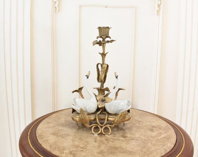 Vintage Bronze & Porcelain Swan Candlestick - Luxury Home Decor