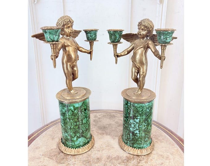 Vintage French Angel Candle Holders – Emerald Porcelain Bronze Cherub Candlesticks Signed Set