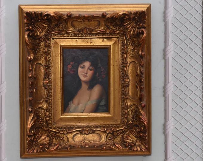 Italian Girl Portrait Painting, Floral Hair, Vintage Golden Frame