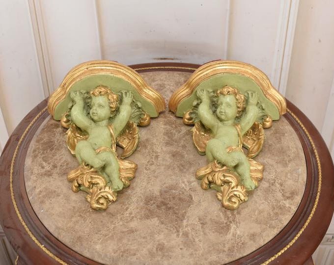 Vintage Style Green Gold Cherub Wall Console Shelves - Baroque Rococo Decor, Set of 2