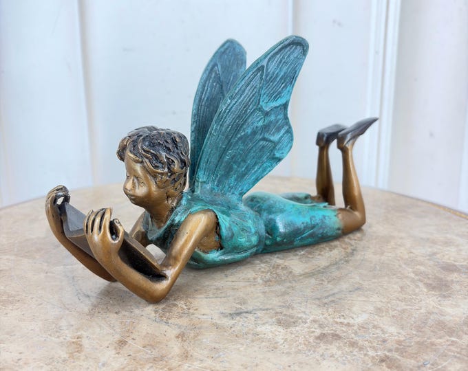 Bronze Winged Elf Reading a Book Figurine – Fantasy Fairy Decor – Unique Gift