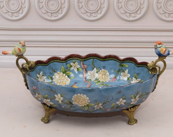 Porcelain Bowl with Bronze Ornaments - Butterflies Bronze - Blue Plateau Antique Porcelain - Home Decor - Gift for Wedding, Birthday
