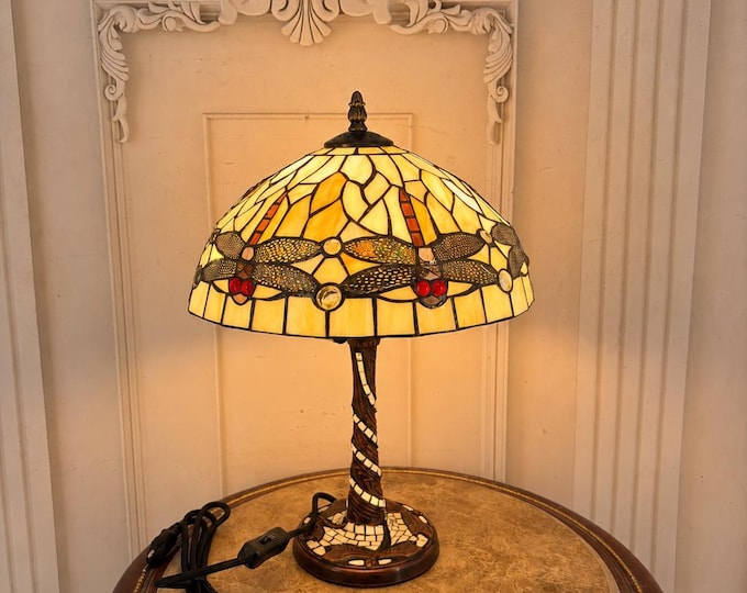 Dragonfly Table Lamp - Stained Glass Mosaic Shade - Art Nouveau Decorative Lighting 