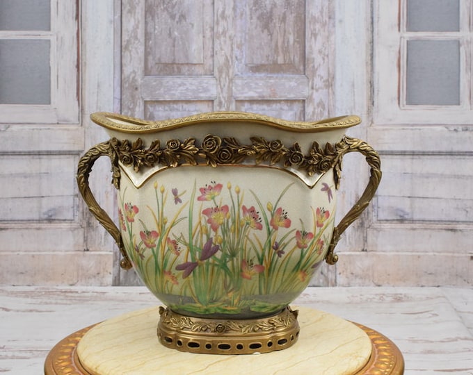 Amazing Green Plateau Porcelain with Bronze Ornaments - Vintage Bowl with Flowers Design - Home Decor - Gift Idea for Wedding