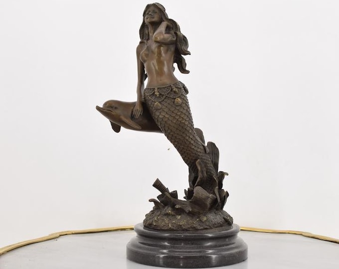 Bronze Mermaid on Dolphin Sculpture – Marble Base – Mythical Sea Art – Nautical Home Decor – Ocean Gift – Art Deco Figurine