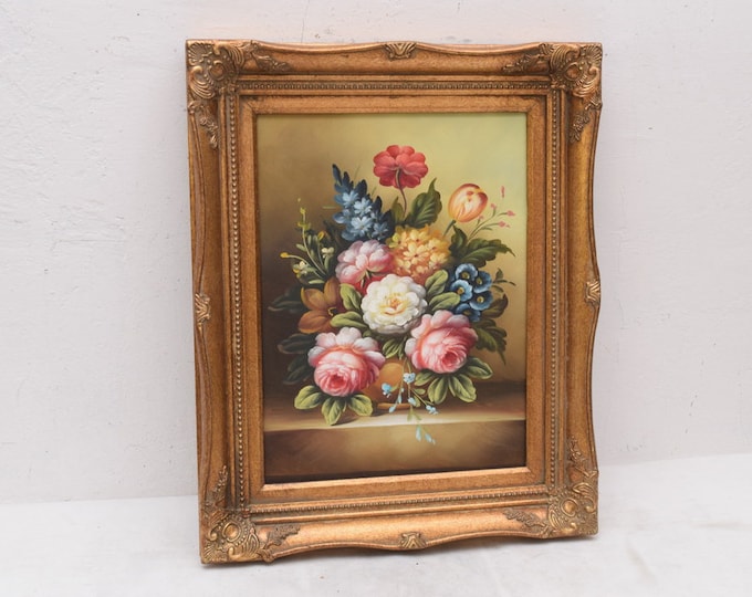 Flowers on Table - Painting in Golden Wooden Frame Oil on Canvas 54x44 - French Art - Flower Wall Decor - Luxury Gift