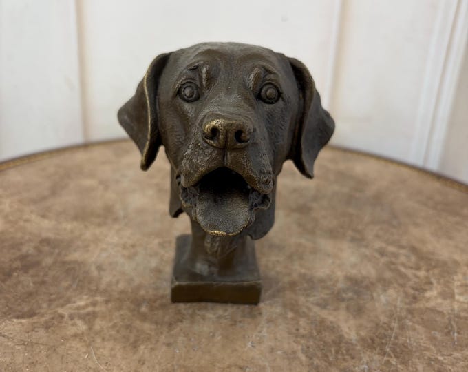 Vintage Bronze Dog Head Bust - Labrador Style Figurine - Small Animal Statue - Collector Decor