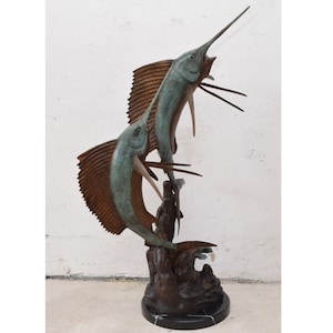Blue Patina Bronze Fishes - Marlin Bronze Statue - Art Work Painted Sailfish - Gift for Fisherman - Fish Sculpture on Marble Base