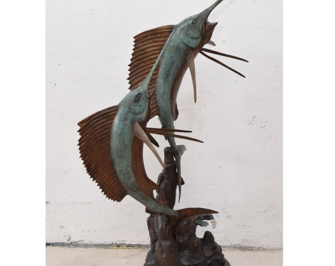 Blue Patina Bronze Fishes - Marlin Bronze Statue - Art Work Painted Sailfish - Gift for Fisherman - Fish Sculpture on Marble Base