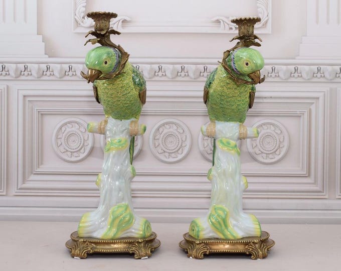 Pair Porcelain Candlesticks with Bronze Ornaments - Candlesticks Green Parrots on a Branch - Home Decor - Candleholder Porcelain - Gift Idea