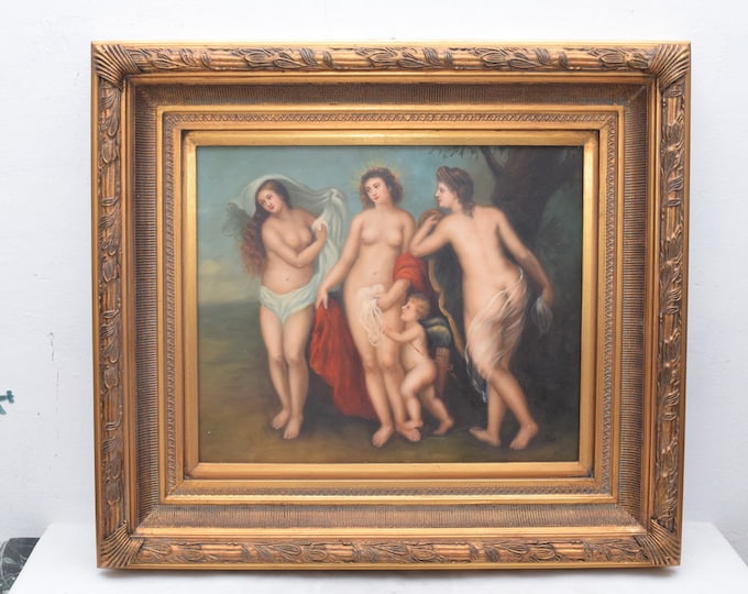 Large painting Three Graces mythology scene - three woman painting - painting on canvas - nice painting - goldene frame