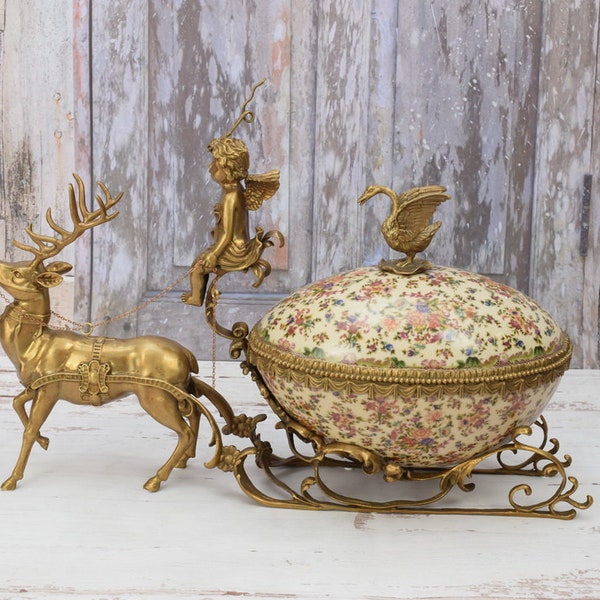 Chariot with Deer Porcelain and Bronze - Flowers Design  Porcelain - Bronze Cupid Statue - Art Nouveau Gift - Gift for Wedding - Home Decor