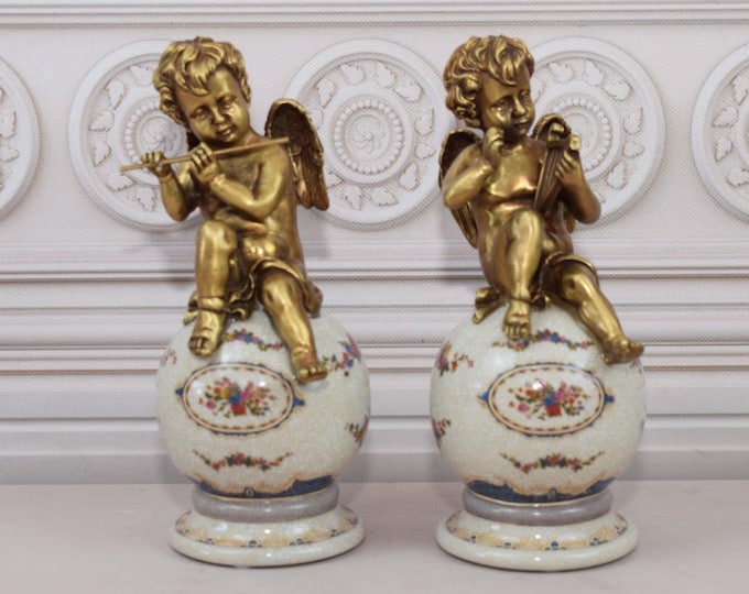 Pair Playing Cupids Angels - Porcelain and Bronze Ornaments - Floral Design - Vintage Statue - Home Decor - Gift for Birthday Wedding