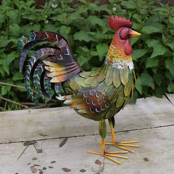 Figurine colorée de coq de fer - Figure Sculpture Rosster - Idée de cadeau de statue de jardin - Coq de travail d'art - Décor de maison et de jardin