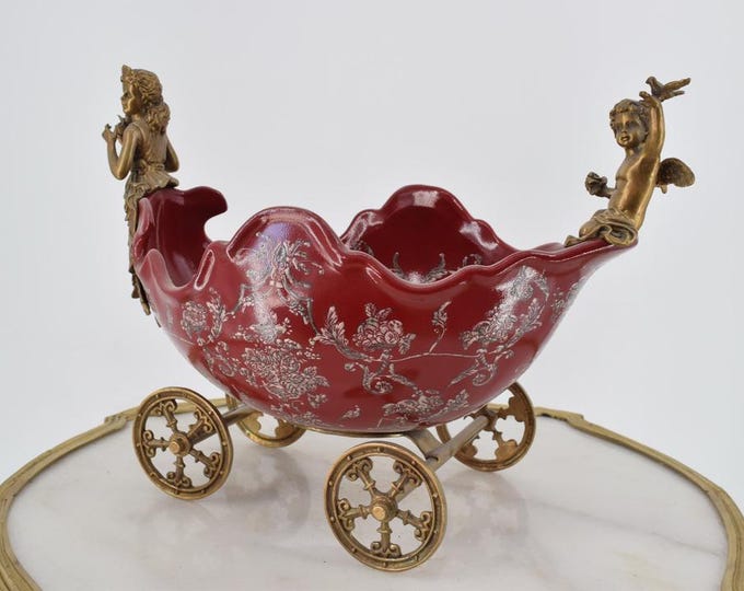 Red Porcelain with Bronze Ornaments - Carriage Porcelain Woman and Angel - Porcelain Bowl on Wheels - Red Ornaments