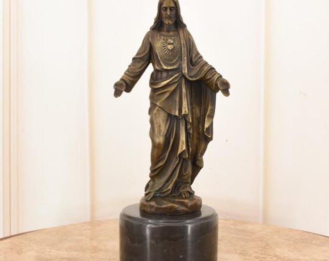 Vintage Bronze Jesus Statue on Marble Base: Religious Gift