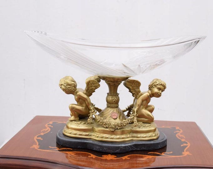 Vintage French Crystal Centerpiece - Bronze Mounted Cherubs - Signed Decorative Bowl - Luxury Table Decor