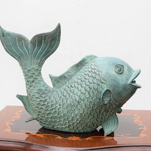 Brunnen Bronze Fisch - Blaue Patina Statue Fisch - Figur Bronze Fat Fish - Statue Fisch - Exklusive Geschenkidee - Haus und Garten