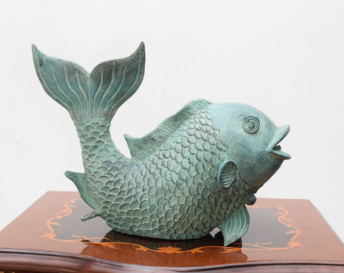 Fountain Bronze Fish - Blue Patina Statue Fish - Figurine Bronze Fat Fish - Statue Fish - Exclusive Gift Idea - Home and Garden