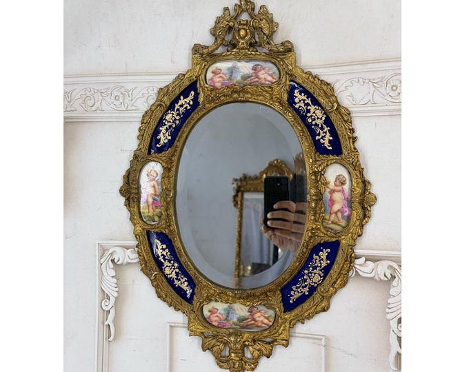 Vintage Porcelain Wall Mirror – Blue & White Bird Floral Motif, Gilt Bronze Frame (Signed)