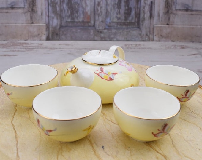 Japanese Style Tea Set for 4 People - 5 piece Porcelain Tea Set - Kitchen Decor - Floral Ornaments - Home Decor - Housewarming Gift
