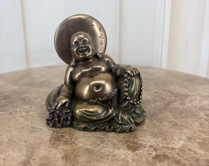 Vintage Laughing Buddha Figurine – Bronze-Coated and Hand-Painted Budai Statue – Oriental Feng Shui Home Decor
