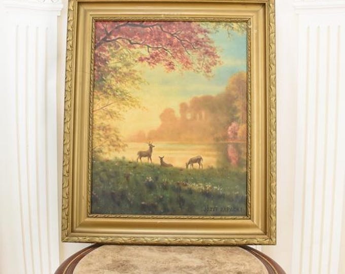 Antique Forest Landscape Painting – Rapacki Art - Deer by the River – Hand-Painted Canvas – Rustic European Art – Vintage Wall Decor