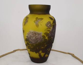 Emile Galle Style Glass Flower Vase: Yellow & Purple Art Nouveau Decor
