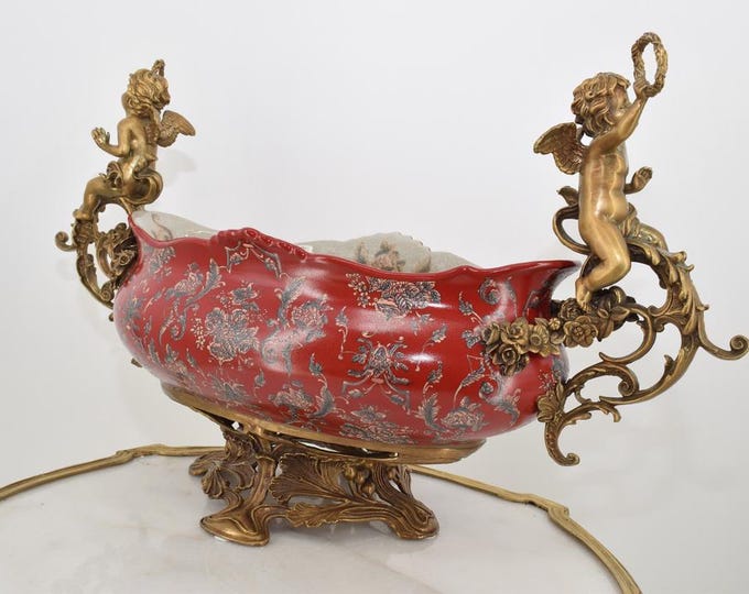 Large Red Porcelain with Bronze 2 Angels - Porcelain Angel Bowl - Red Ornaments Art Nouveau Gift - Home Decor - Regency Decor - Gift Idea