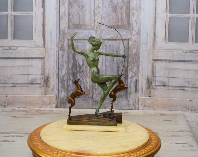 Art Deco Bronze Diana Statue – Hunter with Fawns, Marble Base