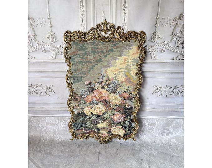 Large Vintage Floral Gobelin Tapestry – Ornate Bronze Frame Wall Art