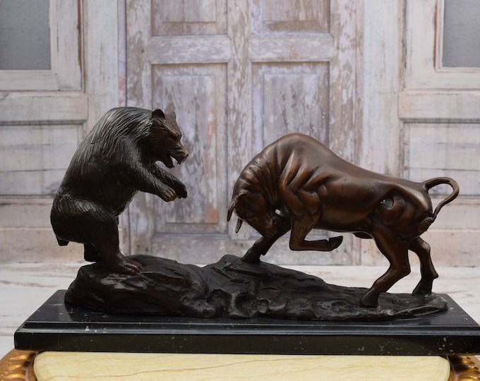 Large Statue Bull and Bear Fight, Bull and Bear Figurine, Bronze Sculpture on Marble Base, Realistic Bronze Statue, Animal Bronze