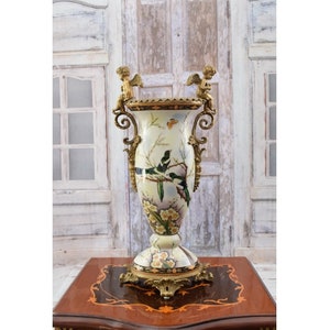 Porcelain vase with birds design - flower pot porcelain - two angels bronze ornaments -  big porcelain amphora - Gift for Wedding