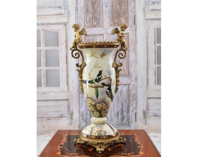 Porcelain vase with birds design - flower pot porcelain - two angels bronze ornaments -  big porcelain amphora - Gift for Wedding